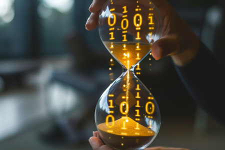 A person holds an hourglass with numbers on it, capturing the passage of time, An hourglass with binary numbers flowing instead of sand, AI Generatedの素材