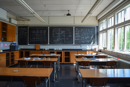 A Classroom Filled With Desks and a Chalkboard, An empty high school science classroom with lab equipment and periodic table on the wall, AI Generatedの素材