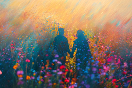 Two individuals standing amidst a vibrant field of flowers, enjoying natures beauty, An artful representation of a couple's shadows against a colourful meadow, AI Generatedの素材