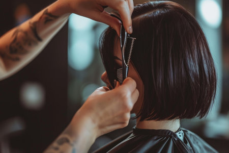 A skilled individual is cutting another persons hair using a comb, ensuring precise and accurate haircuts, A hairdresser giving a client a trendy blunt bob haircut, AI Generatedの素材