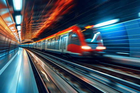 A train is seen traveling through a busy train station surrounded by tall buildings, An abstract train speeding on futuristic tracks, AI Generatedの素材