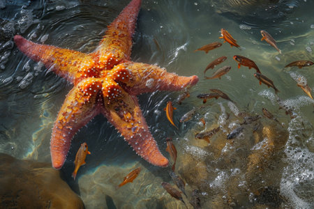 A starfish gracefully swims through the water, its vibrant colors contrasting against the aquatic backdrop, A lively starfish interacting with small fishes in a tidal pool, AI Generatedの素材