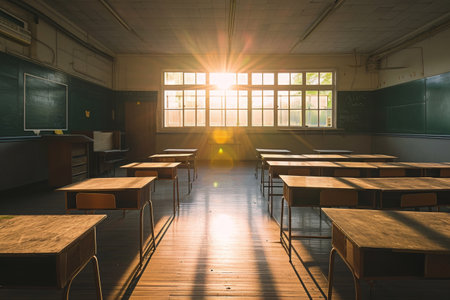 A photo capturing the quietness and simplicity of an empty classroom with wooden desks aligned neatly and green chalkboard walls, An empty classroom bathed in the soft glow of sunrise, AI Generatedの素材