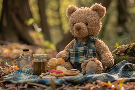 A teddy bear sits on a colorful blanket spread out amidst the trees of a forest, An adorable plush bear picnic set in the forest, AI Generatedの素材