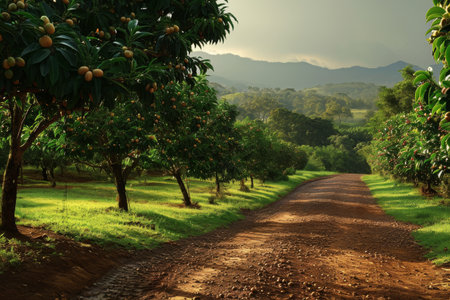 A dirt road winds through a picturesque landscape of towering trees and majestic mountains, creating a breathtaking natural scene, A macadamia nut farm, AI Generatedの素材