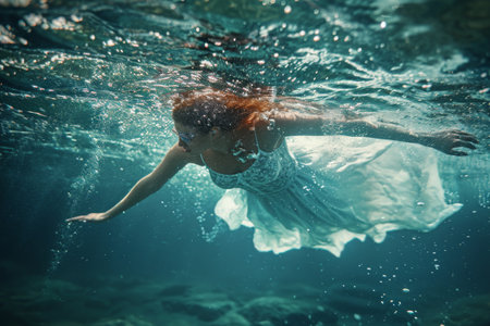 A woman wearing a white dress gracefully swimming beneath the waters surface, An underwater scene representing the drowning effect of opioid misuse, AI Generatedの素材