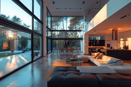 This photo captures a spacious living room adorned with various pieces of furniture and featuring expansive windows, An ultramodern smart home, AI Generatedの素材
