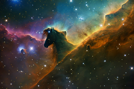 A photograph showcasing a horse head silhouette against a backdrop of a sky filled with stars, A panoramic view of Horsehead Nebula in high saturation, AI Generatedの素材