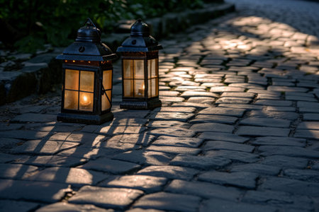 Two lanterns cast a warm glow onto a cobblestone road, Antique lanterns casting shadows on an old cobblestone walkway, AI Generatedの素材