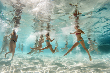 A group of individuals actively swimming and enjoying the pool underwater, An underwater scene of people doing water aerobics, AI Generatedの素材