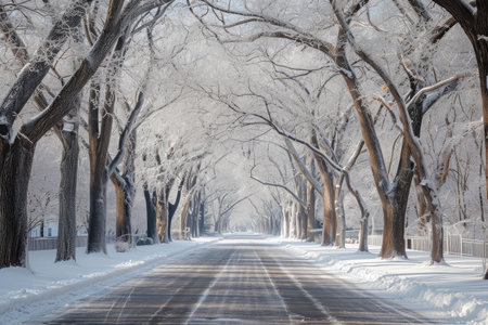 A photograph of a street covered in snow and flanked by trees and a fence, A park avenue canopied by glistening ice-covered tree branches, AI Generatedの素材