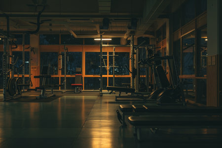 This photo showcases a busy gym filled with an array of exercise machines, providing a multitude of fitness options for its members, A peaceful, empty gym at night, AI Generatedの素材