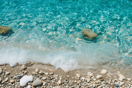 Two rocks resting on the sandy beach, creating a contrast amid the grains of sand, A pebble beach with crystal clear turquoise water, AI Generatedの素材