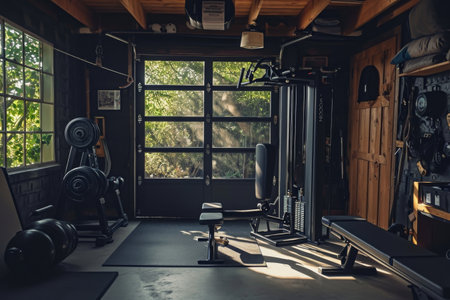 A Home Gym Equipped With Various Exercise Equipment, A personal home gym with essential workout gear, AI Generatedの素材