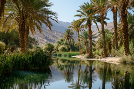 A serene body of water in the midst of towering palm trees, creating a tranquil oasis, A peaceful oasis surrounded by date palms, symbolizing serenity and connection, AI Generatedの素材