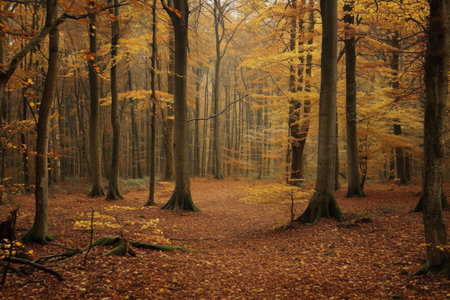 A winding path surrounded by thick foliage, leading through a dense forest with an abundance of tall trees, A peaceful autumn forest with earthy tones, AI Generatedの素材