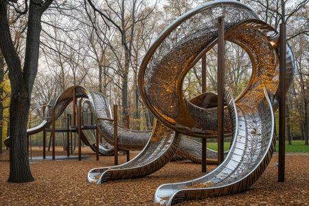 A metal slide stands tall amidst a park, with a backdrop of majestic trees, A playful playground intertwined with a lacing roller coaster, AI Generatedの素材