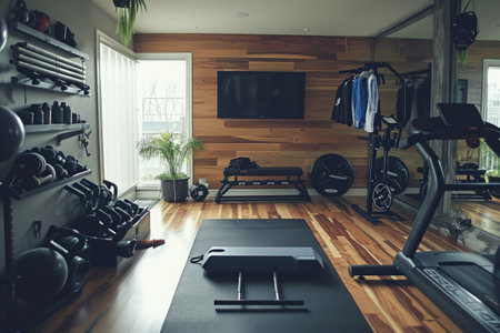 A fully-equipped home gym featuring treadmills and a variety of exercise equipment for a complete workout, A personal home gym with essential workout gear, AI Generatedの素材