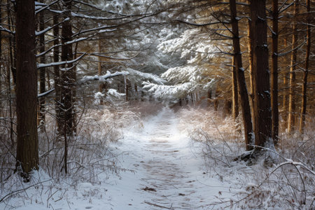 A snow-covered path winds through a dense forest, creating a striking winter scene, A path through the woods, freshly covered in snow, AI Generatedの素材