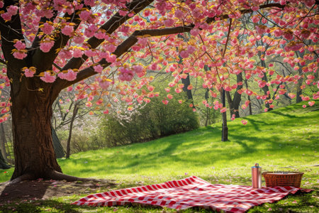 A picnic blanket is laid out under a tree adorned with pink flowers, creating a serene outdoor setting, A picnic blanket under a cherry blossom tree in spring, AI Generatedの素材