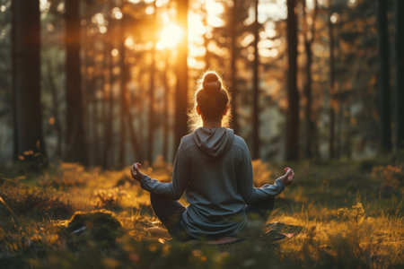 A woman in a forest, practicing meditation as the sun sets behind the trees, A person meditating in nature, promoting wellness and fitness, AI Generatedの素材