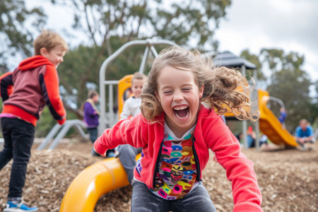 A young girl energetically engages with the playground equipment, enjoying a day filled with laughter and play, A playground filled with children playing and laughing, AI Generatedの素材