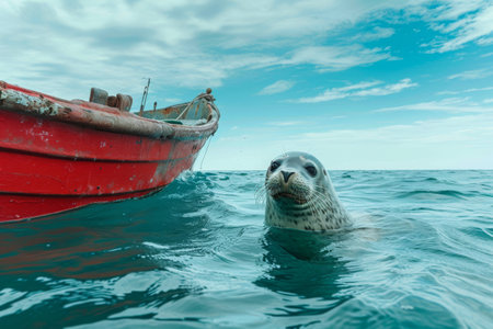A seal swimming alongside a red boat in the water, A playful seal poking its head out from the ocean near a fishermanÃ¢â¬â¢s boat, AI Generatedの素材
