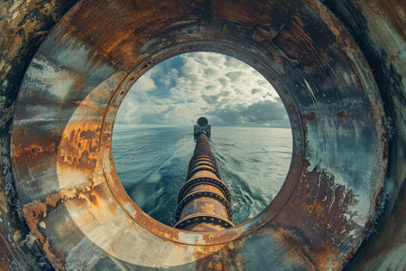 A large metal pipe positioned in the center of a body of water, A pipeline structure distorted through a fish-eye lens, AI Generatedの素材