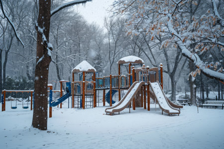 Snow-Covered Playground in the Park, A playground in a winter setting covered with snow, AI Generatedの素材