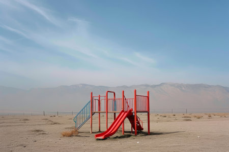 A red slide stands out in the barren desert landscape, providing a unique playtime opportunity in an unexpected setting, A playground isolated in the middle of a desert, AI Generatedの素材