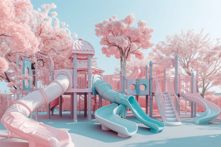 A vibrant childrens play area featuring pink trees and a slide, providing a fun and engaging space for kids to play and explore, A playground in pastel colors, giving a dreamy vibe, AI Generatedの素材