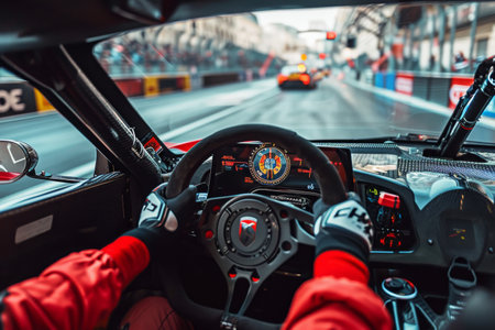 A person skillfully maneuvering a car on a high-speed race track, A point-of-view perspective from inside the sports car cockpit during a race, AI Generatedの素材