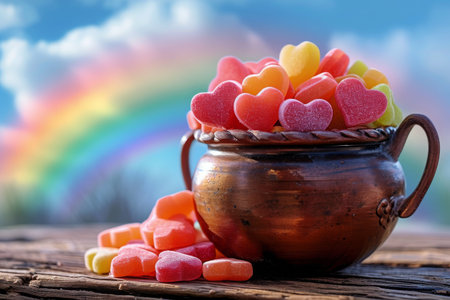 A colorful pot filled with candy hearts sits atop a rustic wooden table, A pot full of heart-shaped candies on a rainbow, AI Generatedの素材