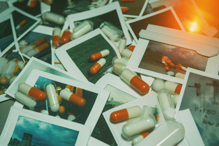 A photograph showing a collection of pills stacked in a pile on a table, A polaroid montage documenting the stages of opioid addiction, AI Generatedの素材
