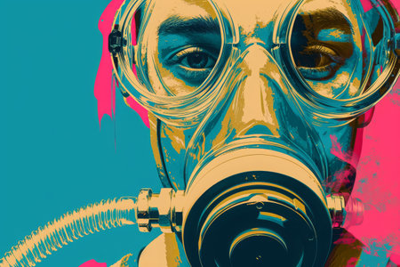 A man wearing a gas mask and goggles, protecting himself with the necessary gear, A pop art inspired image of an oxygen mask, AI Generatedの素材