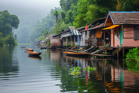 A photo capturing a row of houses situated on the side of a river, emphasizing the picturesque scenery and architectural diversity, A quiet backwater with traditional boathouses, AI Generatedの素材
