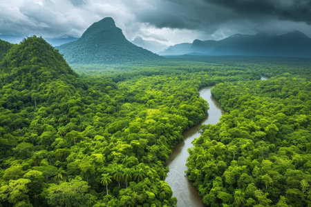A river cascades through an expanse of vibrant green forest, creating a picturesque landscape, A river twisting through a lush rainforest, AI Generatedの素材