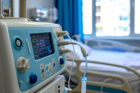 A hospital room with a bed and a monitor showing vital signs, A respiratory ventilator in a calm, peaceful setting, AI Generatedの素材