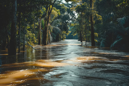 A river with trees flowing peacefully through its water, A river in the Amazon rainforest in full flood, AI Generatedの素材