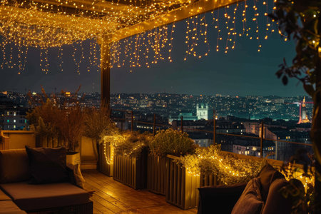A Patio Illuminated With Abundant Lights at Night, A rooftop terrace overlooking a beautiful cityscape at night, adorned with fairy lights, AI Generatedの素材
