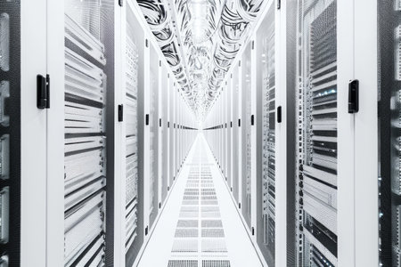 A photo showcasing a straight line of servers in a busy data center, with blinking lights and humming sounds, Artistic representation of a pristine white server rack, AI Generatedの素材