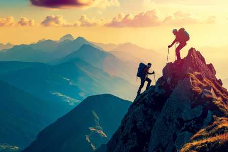 Two individuals are seen ascending a mountain, utilizing their skills and equipment to tackle the challenging terrain, Artistic view of a hiker helping his friend scale a mountain peak, AI Generatedの素材