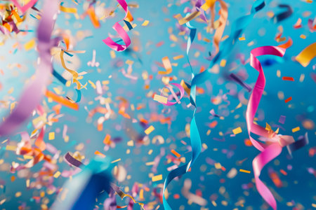 Colorful streamers are flying in the air, creating a vibrant and dynamic atmosphere, Artsy shot of confetti and colorful ribbons mingling mid-air, AI Generatedの素材