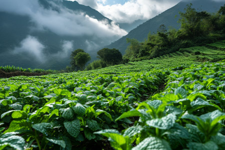 A picturesque landscape featuring a sprawling, verdant field set against a majestic backdrop of mountains, A rustic mint plantation at the base of a mountain, radiating fresh aroma, AI Generatedの素材