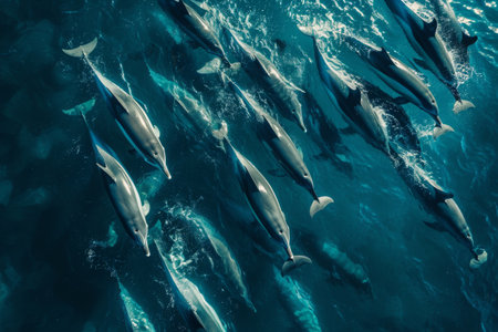 A pod of dolphins swim together in the open ocean, gracefully navigating the water with synchronized movements, A school of dolphins swimming in formation, seen from above, AI Generatedの素材