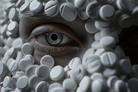 A person with a multitude of white pills arranged around their eyes in a circular pattern, A satirical representation of society's blind acceptance of prescription opioids, AI Generatedの素材