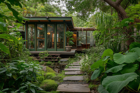A house situated in the heart of a lush green forest, surrounded by towering trees and vibrant foliage, A serene, eco-friendly green house surrounded by a lush garden, AI Generatedの素材