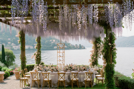 An outdoor space with dining tables and chairs, adorned with flowers hanging from the ceiling, A serene lakeside wedding under a blooming wisteria, AI Generatedの素材