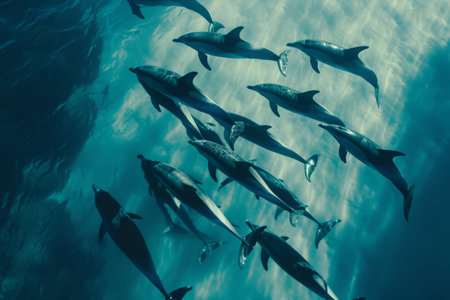 A pod of dolphins gracefully swimming together in the vast ocean, displaying their synchronized movements, A school of dolphins swimming in formation, seen from above, AI Generatedの素材