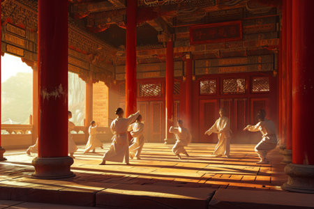 A diverse group of individuals standing together in a courtyard, engaged in conversation and interactions, A serene illustration of tai chi practice in an ancient temple, AI Generatedの素材